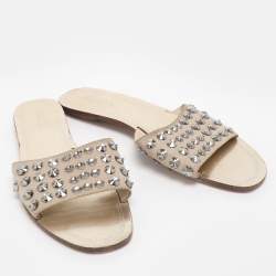 Pre Owned Prada Beige Suede Crystal Embellished Slide Sandals Size 40.5