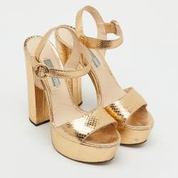 Pre Owned Prada Metallic Gold Python Embossed Leather Ankle Strap Platform Sandals Size 36.5