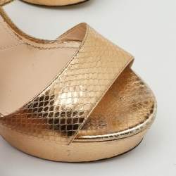 Pre Owned Prada Metallic Gold Python Embossed Leather Ankle Strap Platform Sandals Size 36.5