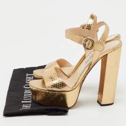 Pre Owned Prada Metallic Gold Python Embossed Leather Ankle Strap Platform Sandals Size 36.5