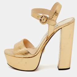 Pre Owned Prada Metallic Gold Python Embossed Leather Ankle Strap Platform Sandals Size 36.5