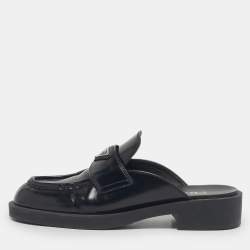 Pre Owned Prada Black Brushed Leather Logo Mules Size 39