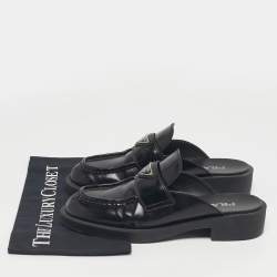 Pre Owned Prada Black Brushed Leather Logo Mules Size 39