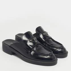 Pre Owned Prada Black Brushed Leather Logo Mules Size 39
