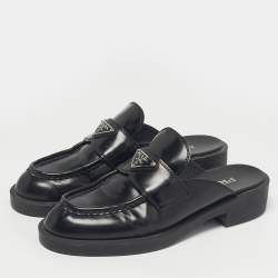 Pre Owned Prada Black Brushed Leather Logo Mules Size 39
