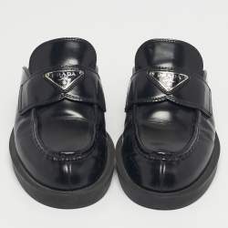 Pre Owned Prada Black Brushed Leather Logo Mules Size 39