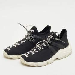 Pre Owned Prada Black Knit Fabric and Leather Lace Up Sneakers Size 35