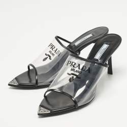 Pre Owned Prada Transparent PVC Logo Open Toe Mules Size 39.5