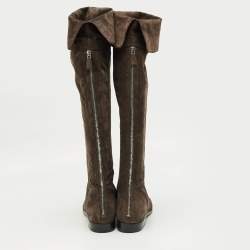 مملوكة مسبقًا Prada Dark Brown Suede Fold Over Knee Length Boots Size 40