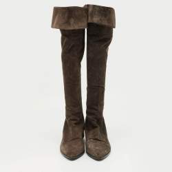 مملوكة مسبقًا Prada Dark Brown Suede Fold Over Knee Length Boots Size 40
