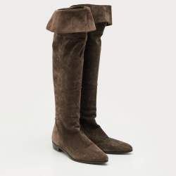 مملوكة مسبقًا Prada Dark Brown Suede Fold Over Knee Length Boots Size 40