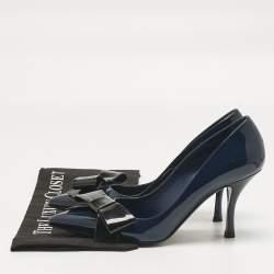Pre Owned Prada Navy Blue/Black Patent Leather Bow Pointed Toe Pumps Size 38