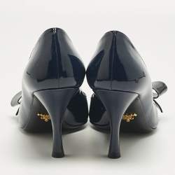 Pre Owned Prada Navy Blue/Black Patent Leather Bow Pointed Toe Pumps Size 38