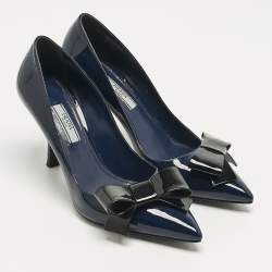 Pre Owned Prada Navy Blue/Black Patent Leather Bow Pointed Toe Pumps Size 38