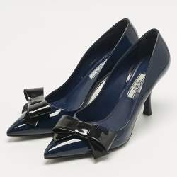 Pre Owned Prada Navy Blue/Black Patent Leather Bow Pointed Toe Pumps Size 38