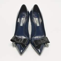 Pre Owned Prada Navy Blue/Black Patent Leather Bow Pointed Toe Pumps Size 38