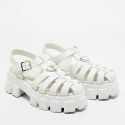Pre Owned Prada White Leather Monolith Ankle Strap Sandals Size 39