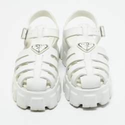 Pre Owned Prada White Leather Monolith Ankle Strap Sandals Size 39