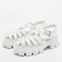 Pre Owned Prada White Leather Monolith Ankle Strap Sandals Size 39