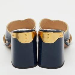 Pre Owned Prada Navy Blue Patent Leather Criss Cross Block Heel Slide Sandals Size 40.5