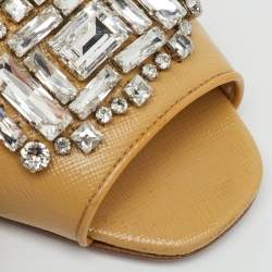 Pre Owned Prada Beige Saffiano Patent Leather Crystal Embellished Flat Slide Sandals Size 37