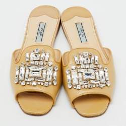 Pre Owned Prada Beige Saffiano Patent Leather Crystal Embellished Flat Slide Sandals Size 37