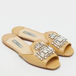 Pre Owned Prada Beige Saffiano Patent Leather Crystal Embellished Flat Slide Sandals Size 37