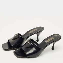 Pre Owned Prada Black Patent Leather Logo Slide Sandals Size 39