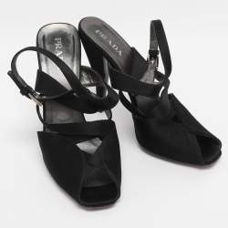 Pre Owned Prada Black Satin Ankle Strap Sandals Size 38