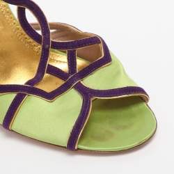 Pre Owned Prada Green/Purple Satin and Suede Ankle Strap Sandals Size 38.5