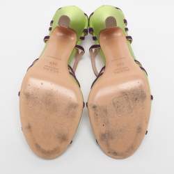 Pre Owned Prada Green/Purple Satin and Suede Ankle Strap Sandals Size 38.5