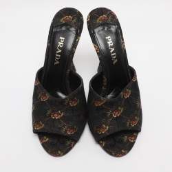 مملوكة مسبقًا Prada Metallic Floral Embroidered Jacquard Slide Sandals Size 38