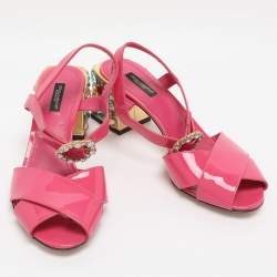 Pre Owned Dolce & Gabbana Pink Patent Leather Crystal Embellished Heel Ankle Strap Sandals Size 38.5