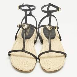 Pre Owned Prada Black Leather Ankle Strap Espadrille Sandals Size 41