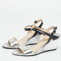 Pre Owned Prada Black/Silver Patent Leather Wedge Slingback Sandals Size 38.5