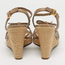 Pre Owned Prada Grey Leather Braided Basket Weave Wedge Sandals Size 40