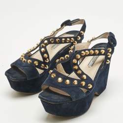 Pre Owned Prada Navy Blue Suede Studded Wedge Sandals Size 36