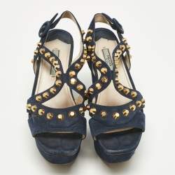 Pre Owned Prada Navy Blue Suede Studded Wedge Sandals Size 36