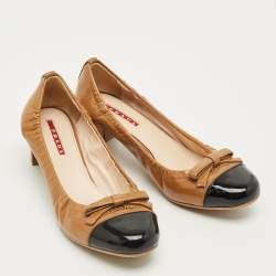 Pre Owned Prada Brown/Black Patent Leather Cap Toe Bow Block Heel Pumps Size 36