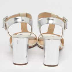 Pre Owned Prada White/Silver Leather Block Heel Ankle Strap Sandals Size 38