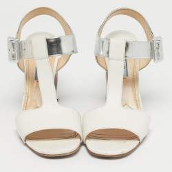 Pre Owned Prada White/Silver Leather Block Heel Ankle Strap Sandals Size 38