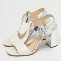 Pre Owned Prada White/Silver Leather Block Heel Ankle Strap Sandals Size 38