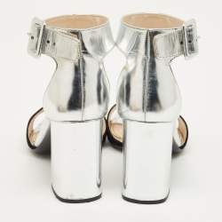 Pre Owned Prada Silver Patent Leather and Suede Ankle Strap Sandals Size 37.5