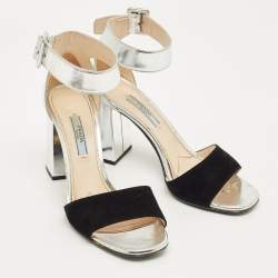 Pre Owned Prada Silver Patent Leather and Suede Ankle Strap Sandals Size 37.5
