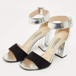 Pre Owned Prada Silver Patent Leather and Suede Ankle Strap Sandals Size 37.5