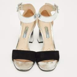 Pre Owned Prada Silver Patent Leather and Suede Ankle Strap Sandals Size 37.5
