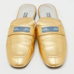 Pre Owned Prada Metallic Gold Leather Flat Mules Size 42