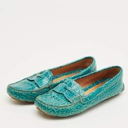 Pre Owned Prada Teal Crocodile Leather Penny Loafers Size 36.5