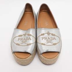 Pre Owned Prada Silver Leather Peep Toe Platform Espadrille Flats Size 36