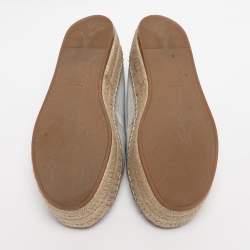 Pre Owned Prada Silver Leather Peep Toe Platform Espadrille Flats Size 36
